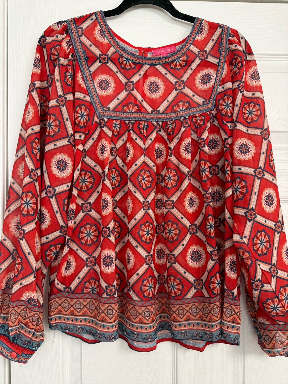 Flying Tomato Red Geometric Floral Peasant Blouse with Blue Trim